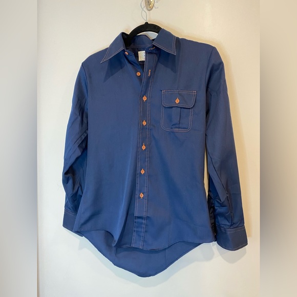 VTG 70s Navy Blue Blouse with Brown Stitching & Buttons - Picture 4 of 7